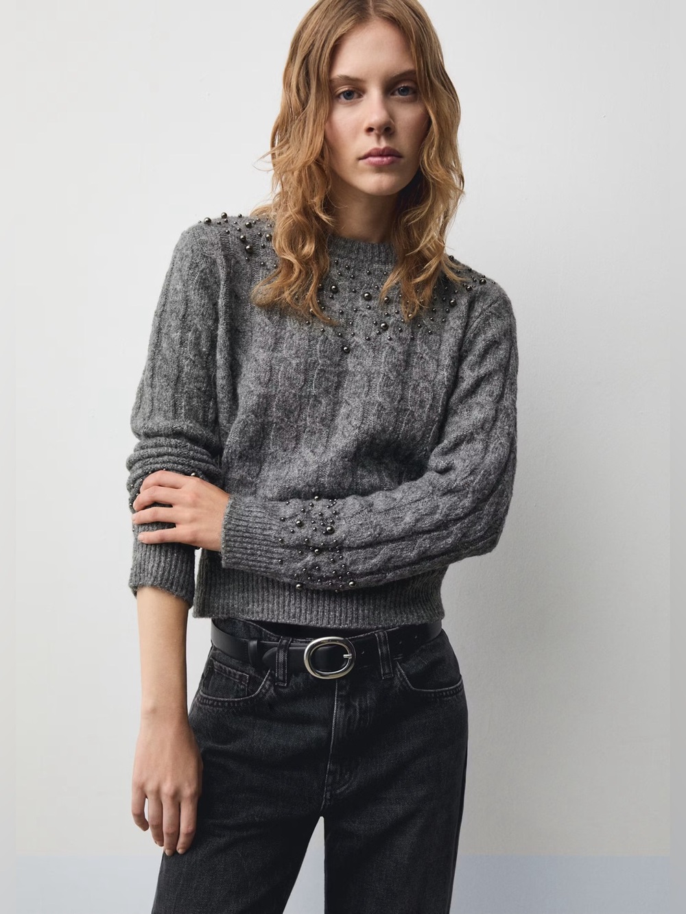 Mango Grey braided sweater with bead detail NWT
